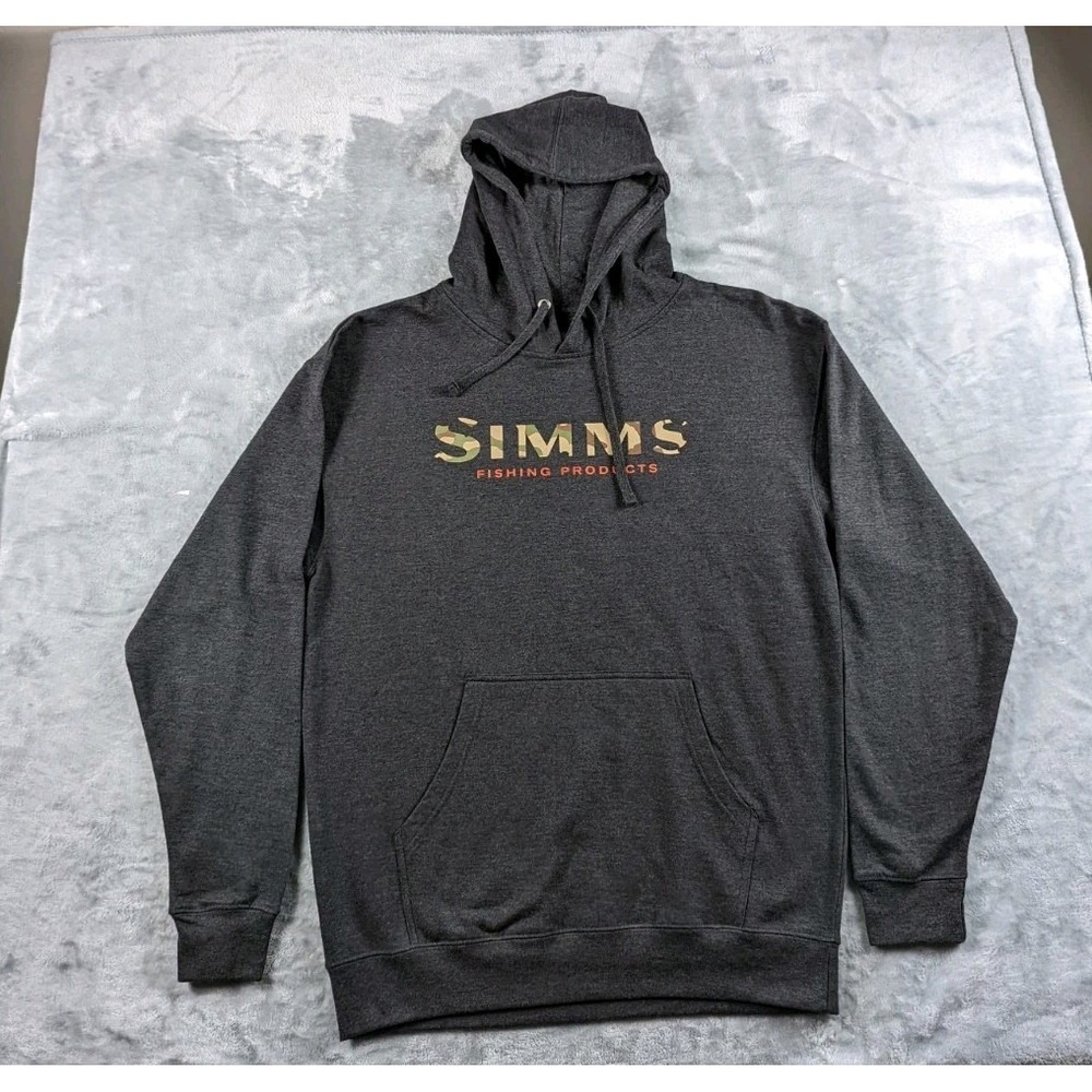 Simms Hoodie Mens Medium Gray Fleece Logo Graphic Print Camo Fishing Pullover